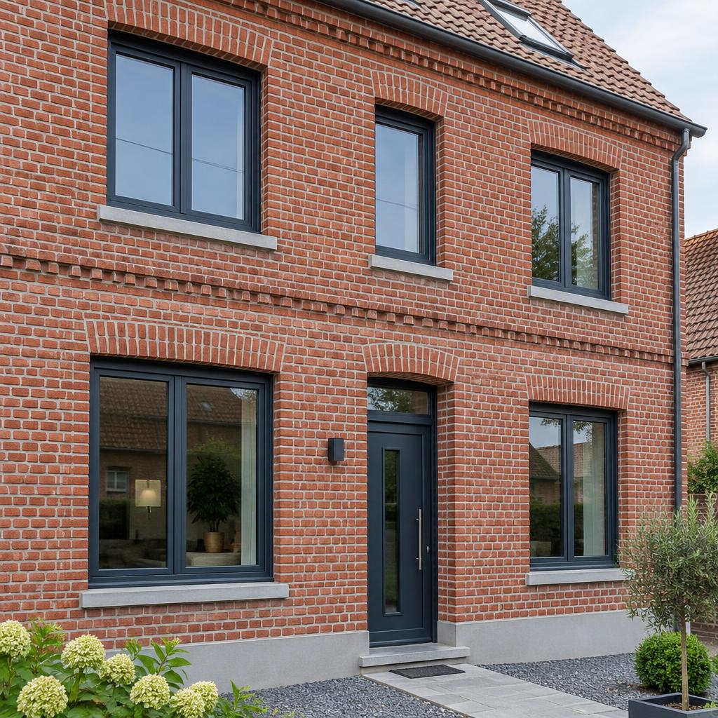 Fenêtres aluminium anthracite sur façade en brique
