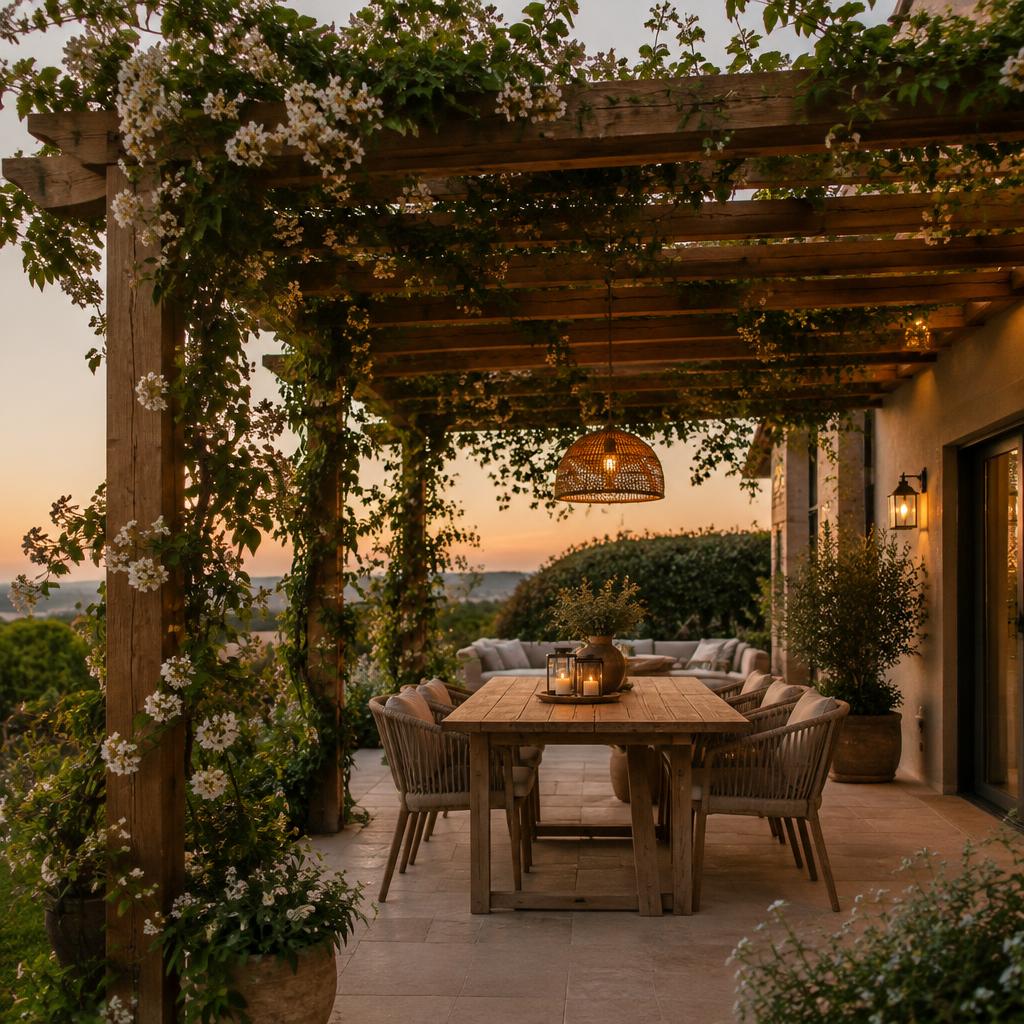 Pergola en bois avec plantes grimpantes