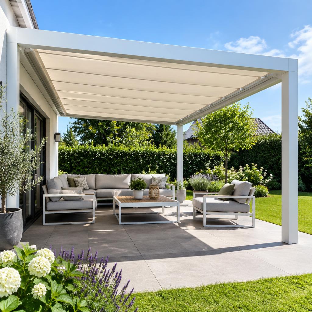 Pergola blanche à toile rétractable